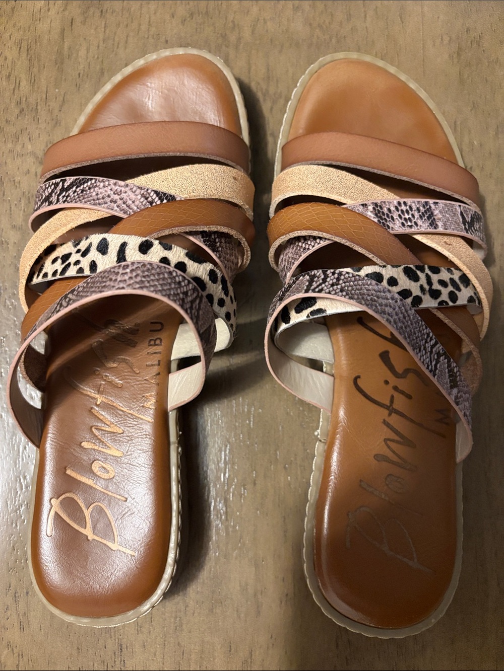 Blowfish Mixed-Tan & Animal Print Multi-Strap Slide Sandals